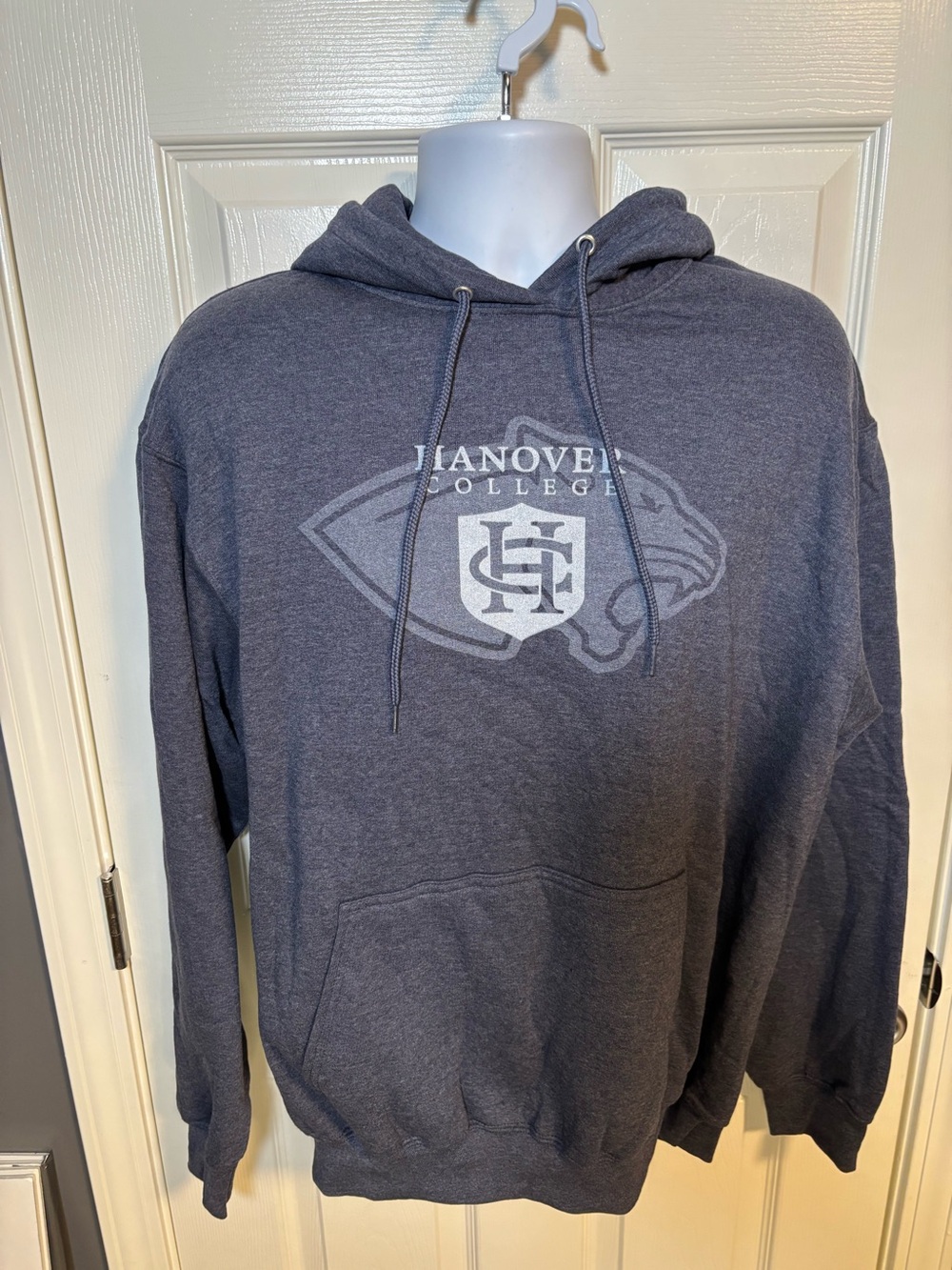 Gray Port & Company Hanover College hoodie with white logo, size Large